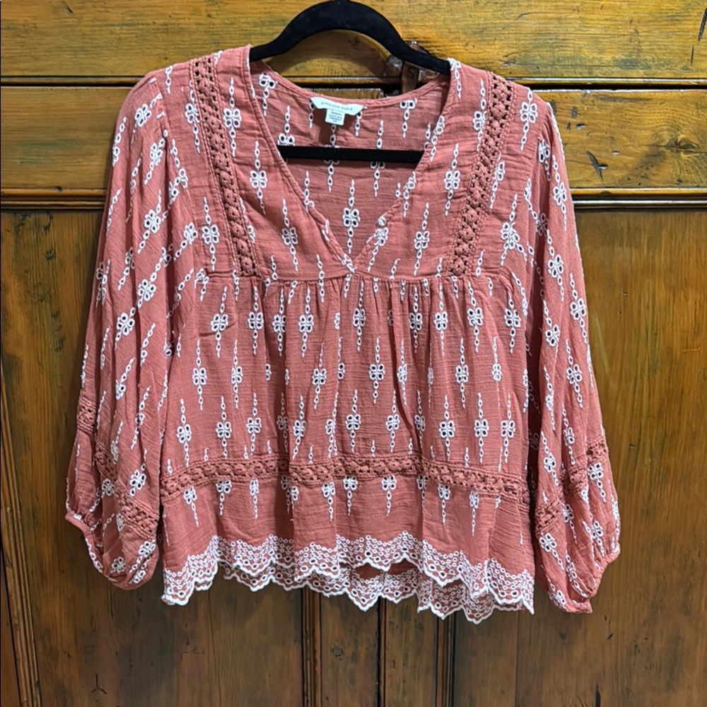 American Eagle Outfitters Pink Smocked Blouse with Ruffled Sleeves